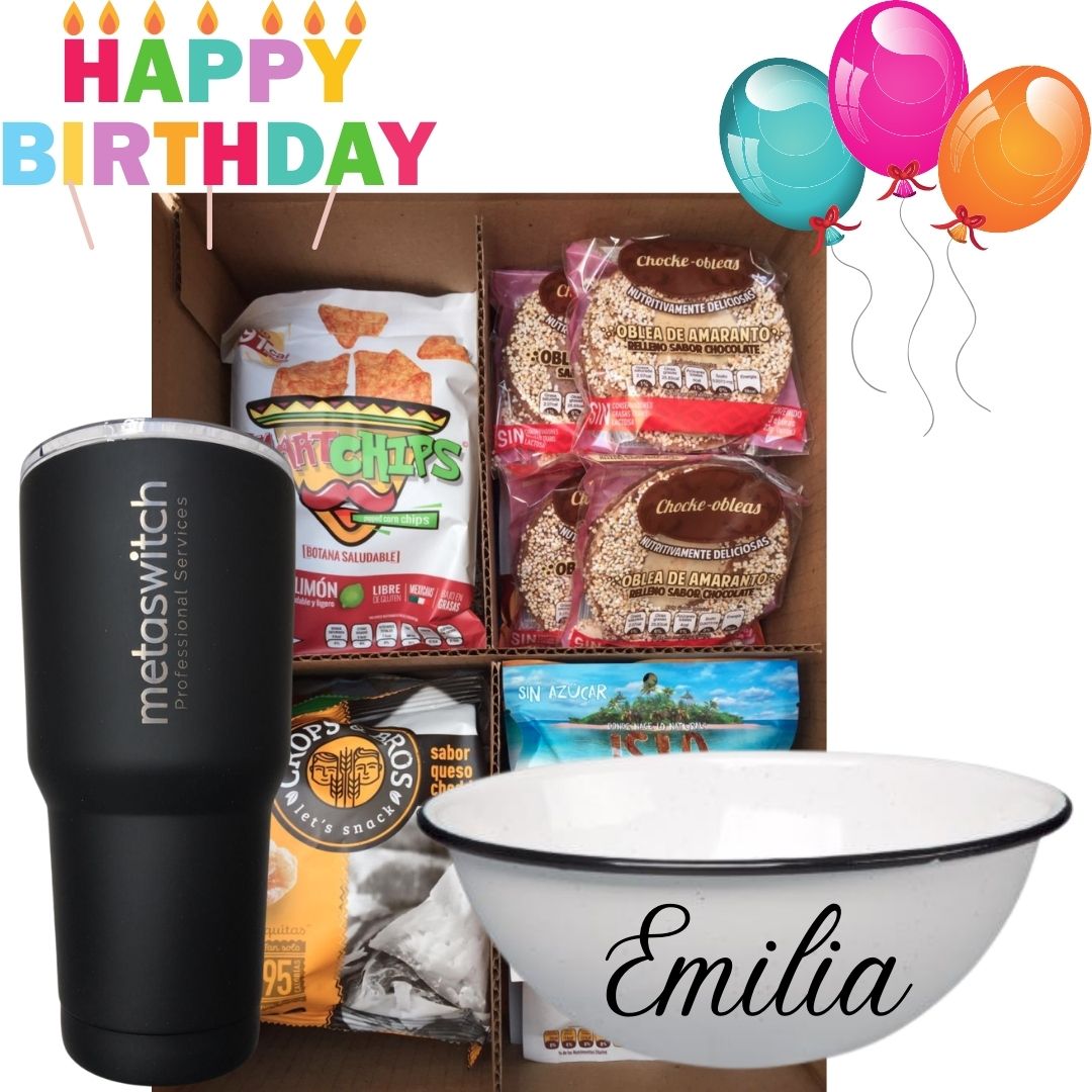 caja de regalo corporativo de cumpleaños con snacks saludables, termo de acero inoxidable con el logotipo de metaswitch y bowl botanero personalizado con el nomre de emilia