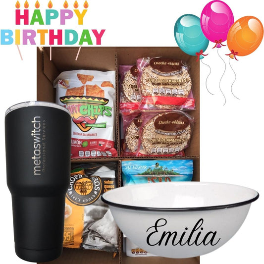 caja de regalo corporativo de cumpleaños con snacks saludables, termo de acero inoxidable con el logotipo de metaswitch y bowl botanero personalizado con el nomre de emilia