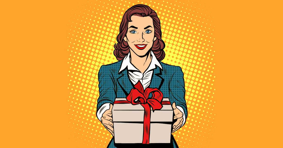 caricatura de una mujer dando un regalo