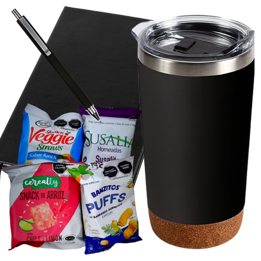 ¡Snackéalo Todo! Caja de Regalo para Empleados con Aperitivos Variados, Libreta, Pluma y Taza Negra de Acero Inoxidable