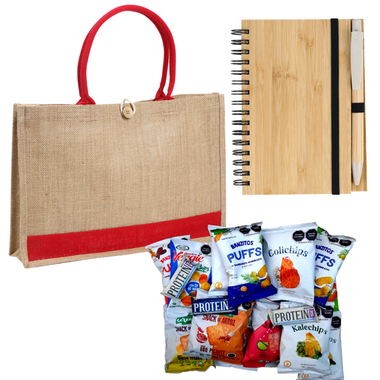 Caja de Regalo Ecológica: Bolsa de Mano, Cuaderno de Bambú y Snacks Veganos