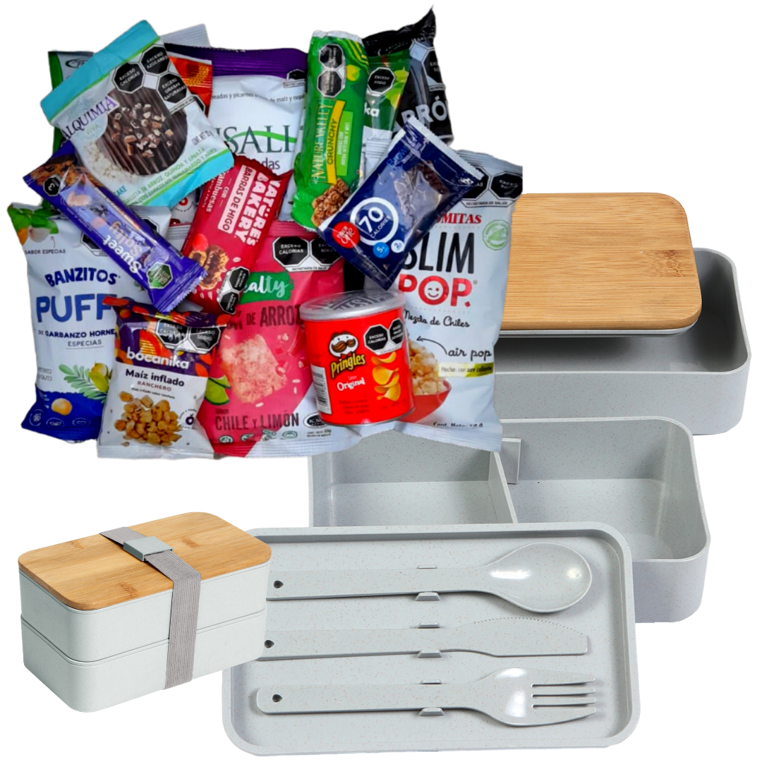 Delicias sobre la Marcha: Caja de regalo para Empleados con Snacks y Contenedor Ecológico